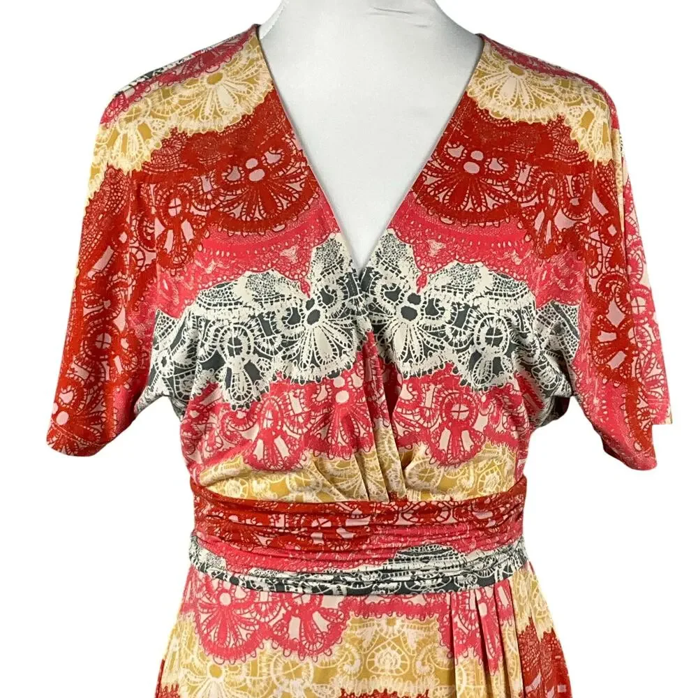 BCBG MAXAZRIA Wrap Dress Tereza Boho Art sz S Red White Yellow Medallion Print - Picture 14 of 16